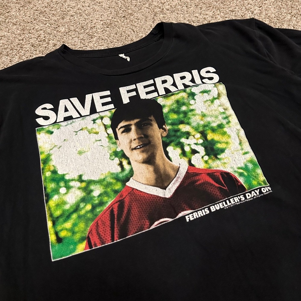 Ferris Buellers Day Off Mens XL Black Save Ferris Preowned Graphic Tee Cracking - Picture 2 of 5